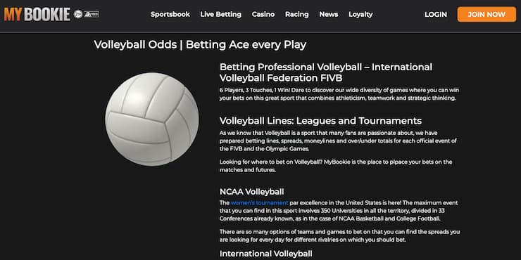 A screenshot of MyBookie, a leader among volleyball betting platforms.